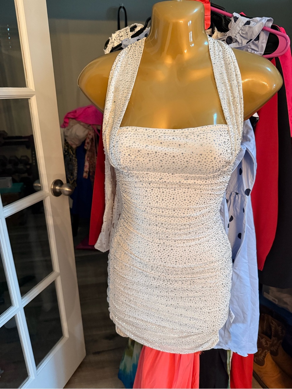 Oh Polly White Textured Haltered-Neck Crystals Mini Dress -2 - Picture 5 of 6